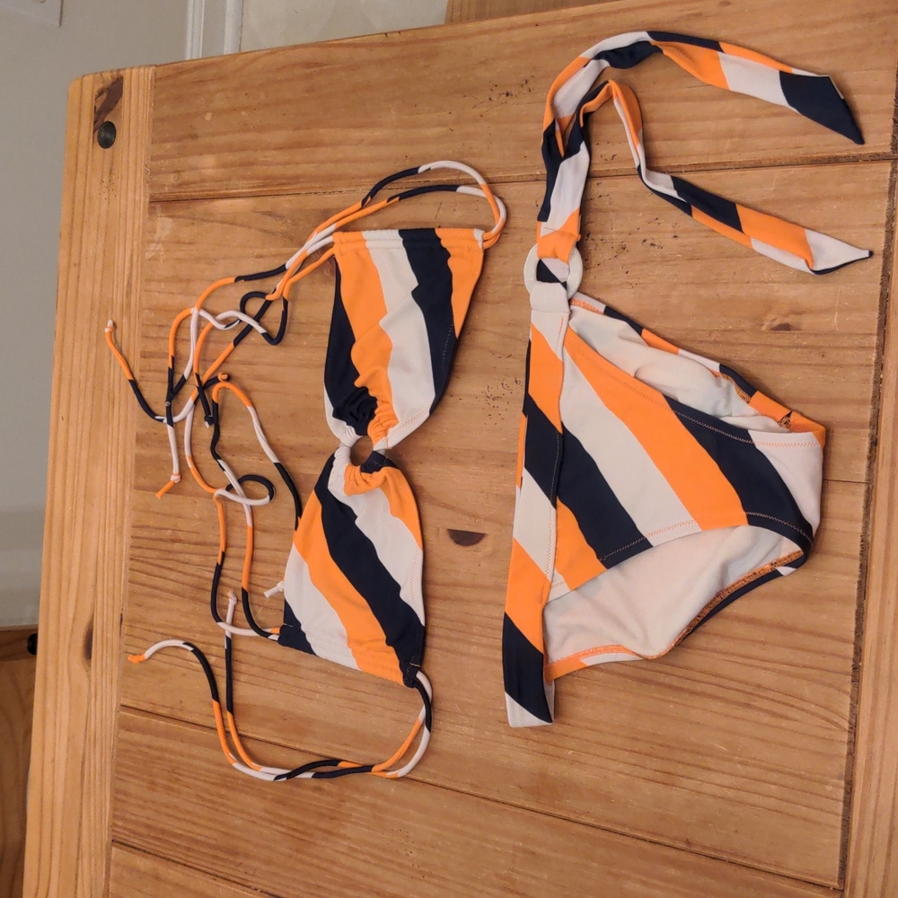 Victoria's Secret Navy/Orange/Cream Striped Tie Bikini, bottom S/Top L